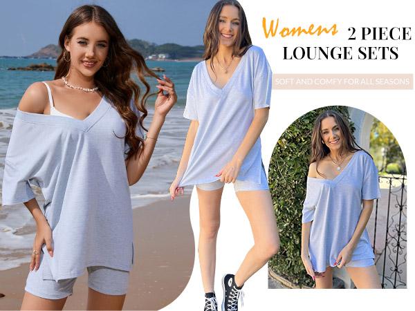 EKOUAER V-neck Two-Piece Pajama Set For Women Summer Casual Oversized Split Hem Shirts & Biker Shorts Minimalist Lounge Wear Soft Homewear Cozy Pjs Clothes Comfy