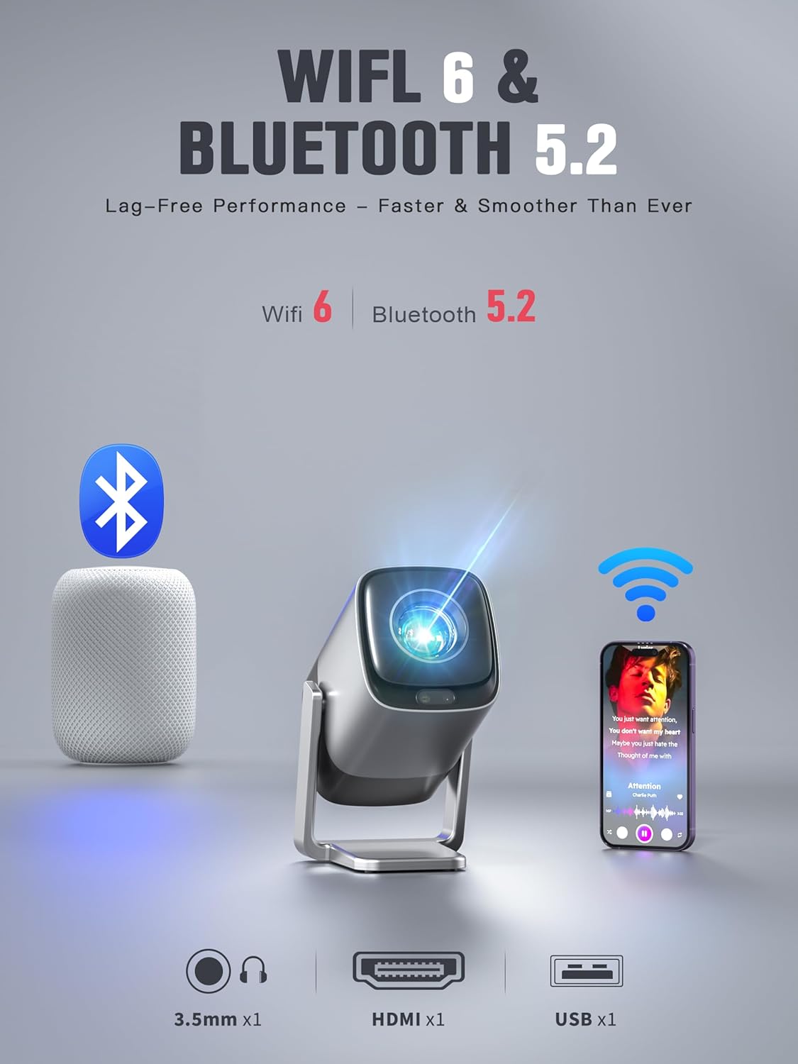 [Compatible with Netflix & TOF Real-time Focus] Smart Mini Projector with WiFi ,Bluetooth and APP