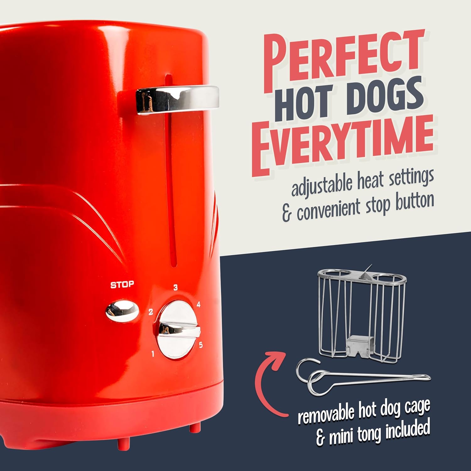 Retro Pop-Up 2 Hot Dog and Bun Toaster, With Mini Tongs, 