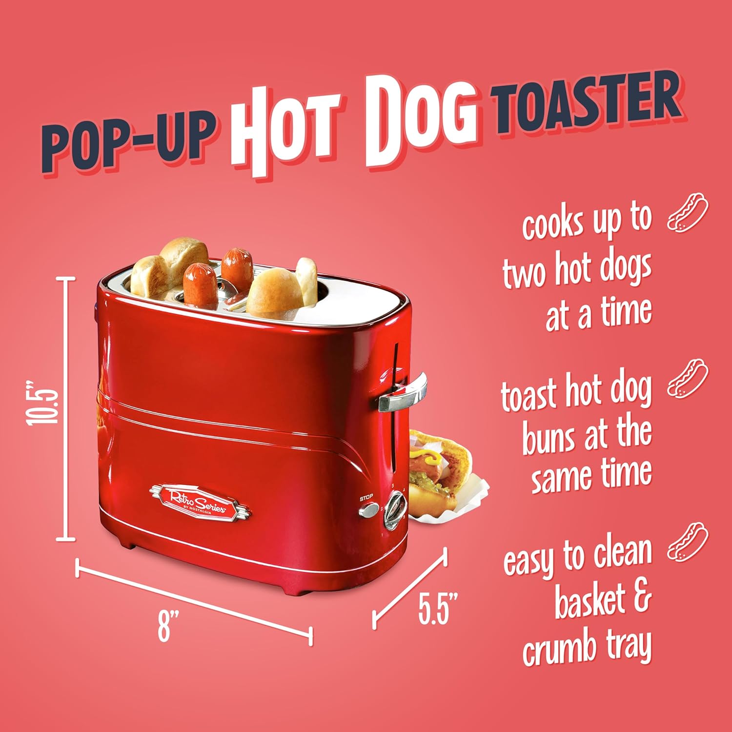 Retro Pop-Up 2 Hot Dog and Bun Toaster, With Mini Tongs, 