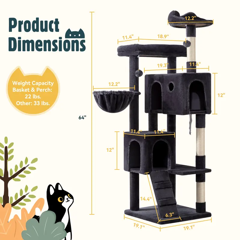 64-Inch Large Cat Tree – Multi-Level Cat Tower with Durable Activity Center for Indoor Cats,Beige/Dark Grey/Grey/Pink/Leopard Print & Spot Patterns