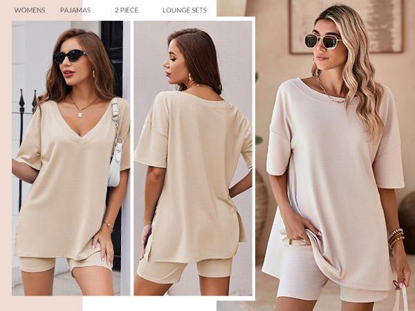 EKOUAER V-neck Two-Piece Pajama Set For Women Summer Casual Oversized Split Hem Shirts & Biker Shorts Minimalist Lounge Wear Soft Homewear Cozy Pjs Clothes Comfy