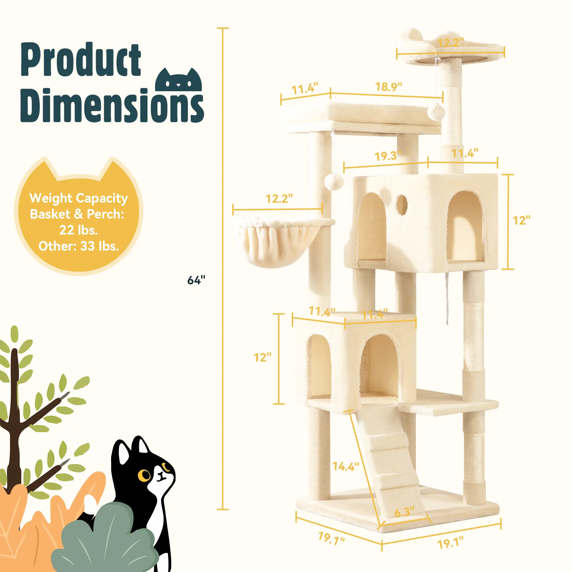 64-Inch Large Cat Tree – Multi-Level Cat Tower with Durable Activity Center for Indoor Cats,Beige/Dark Grey/Grey/Pink/Leopard Print & Spot Patterns