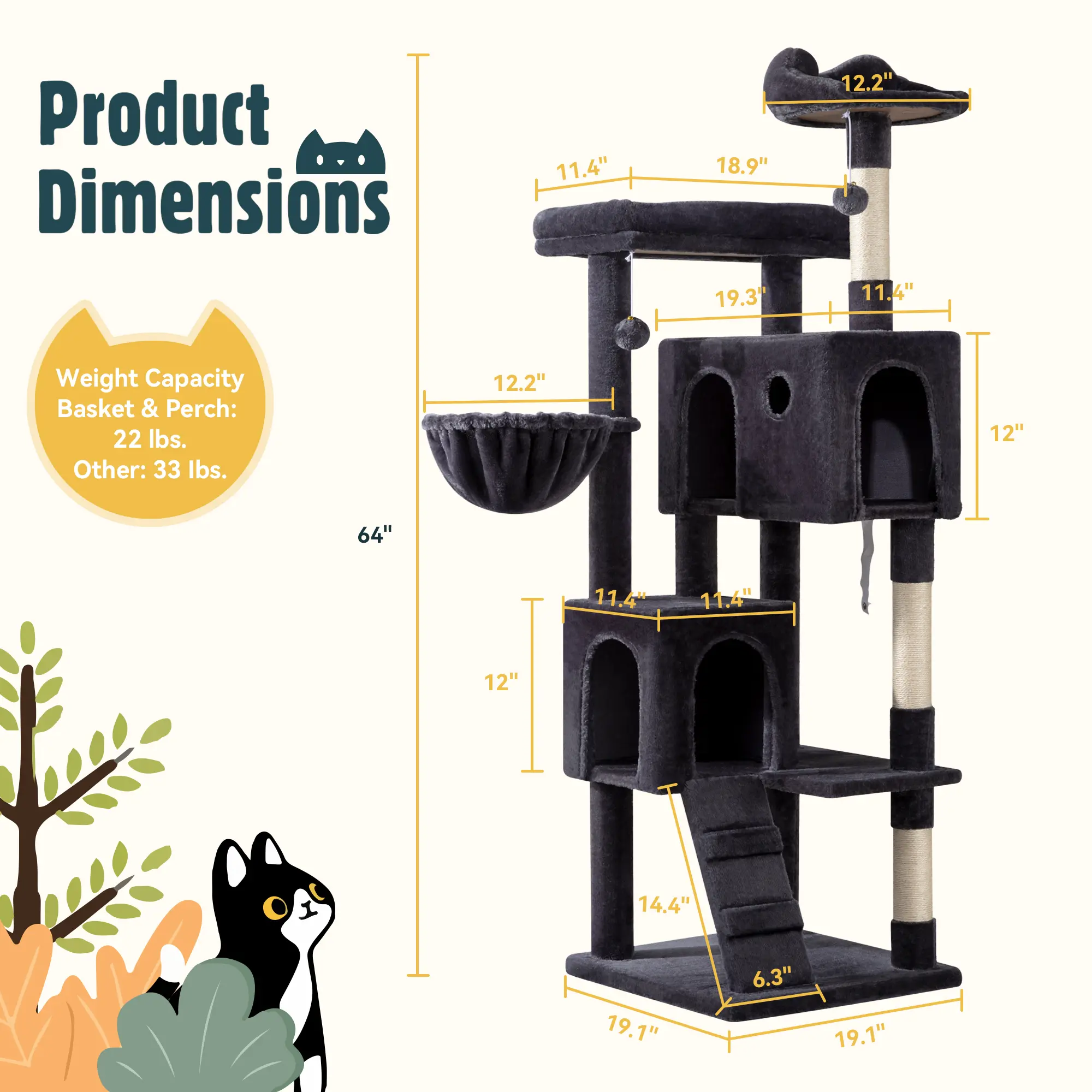 64-Inch Large Cat Tree – Multi-Level Cat Tower with Durable Activity Center for Indoor Cats,Beige/Dark Grey/Grey/Pink/Leopard Print & Spot Patterns