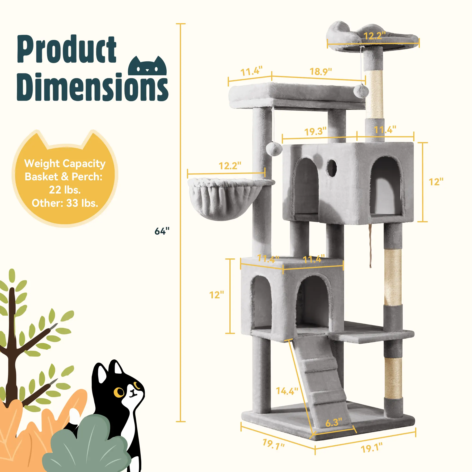 64-Inch Large Cat Tree – Multi-Level Cat Tower with Durable Activity Center for Indoor Cats,Beige/Dark Grey/Grey/Pink/Leopard Print & Spot Patterns