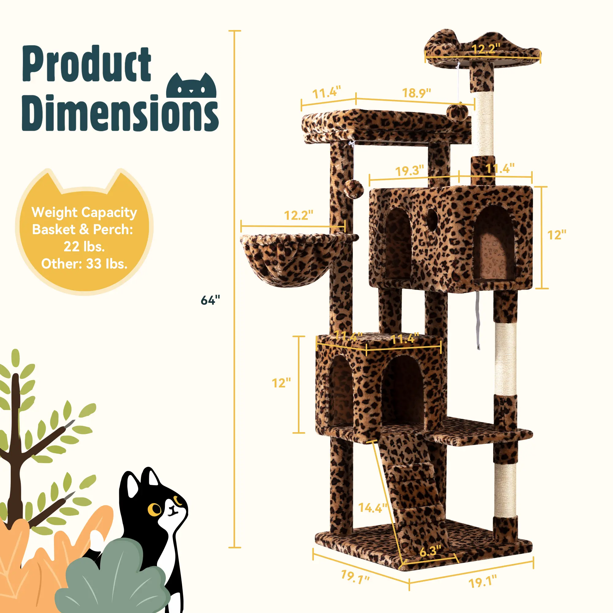 64-Inch Large Cat Tree – Multi-Level Cat Tower with Durable Activity Center for Indoor Cats,Beige/Dark Grey/Grey/Pink/Leopard Print & Spot Patterns