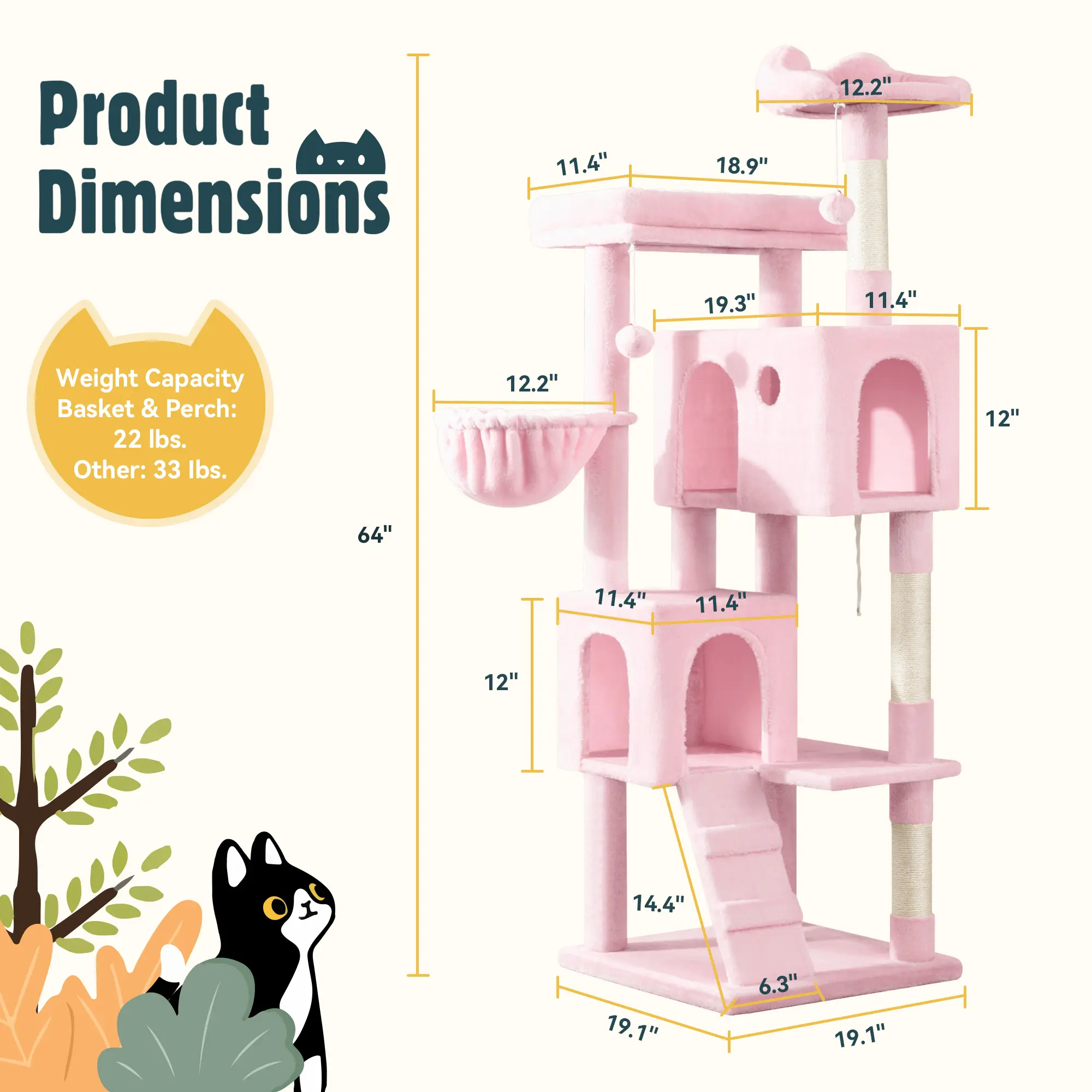 64-Inch Large Cat Tree – Multi-Level Cat Tower with Durable Activity Center for Indoor Cats,Beige/Dark Grey/Grey/Pink/Leopard Print & Spot Patterns