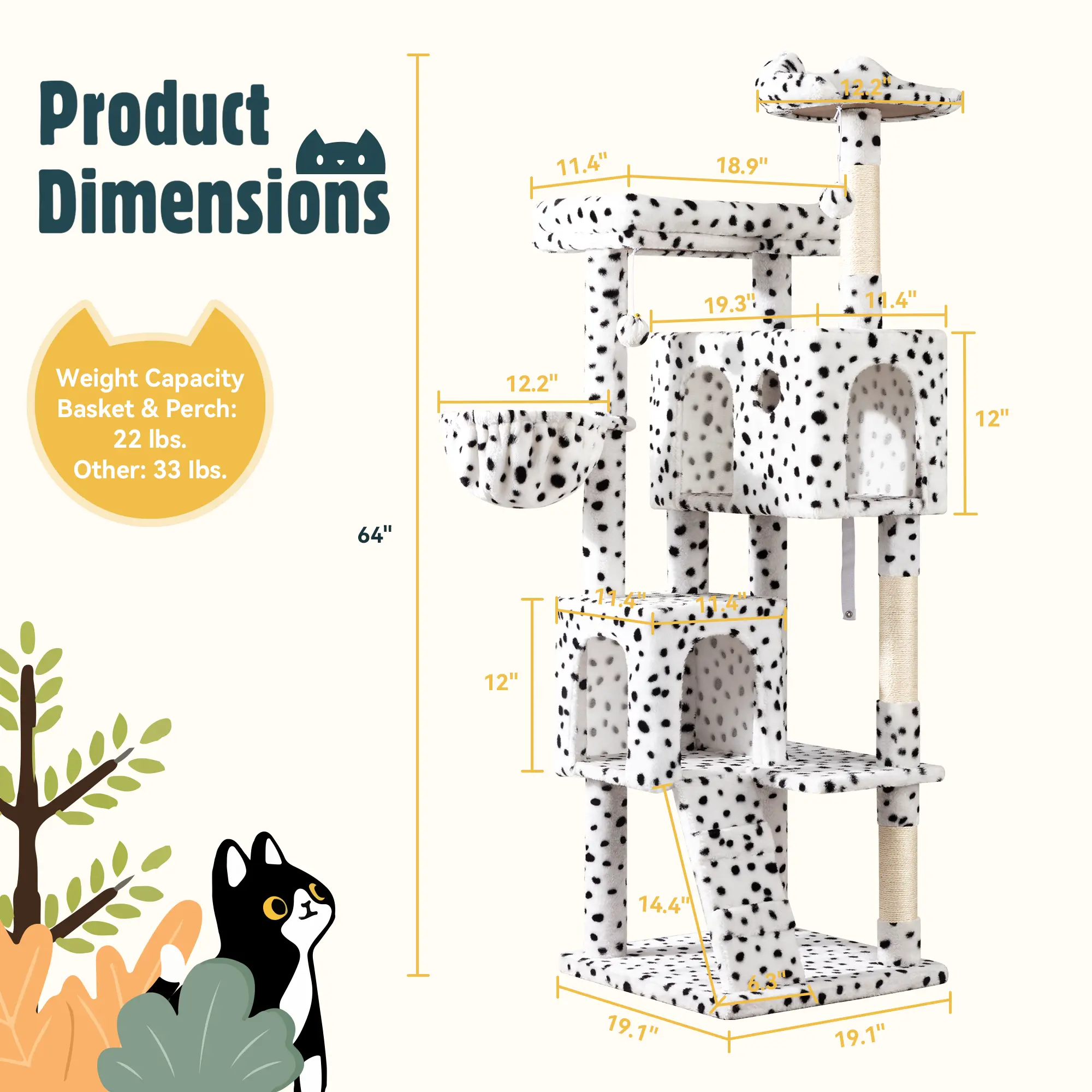 64-Inch Large Cat Tree – Multi-Level Cat Tower with Durable Activity Center for Indoor Cats,Beige/Dark Grey/Grey/Pink/Leopard Print & Spot Patterns