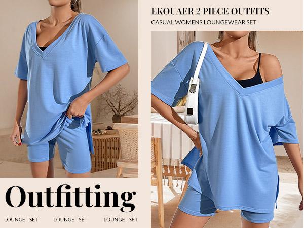 EKOUAER V-neck Two-Piece Pajama Set For Women Summer Casual Oversized Split Hem Shirts & Biker Shorts Minimalist Lounge Wear Soft Homewear Cozy Pjs Clothes Comfy