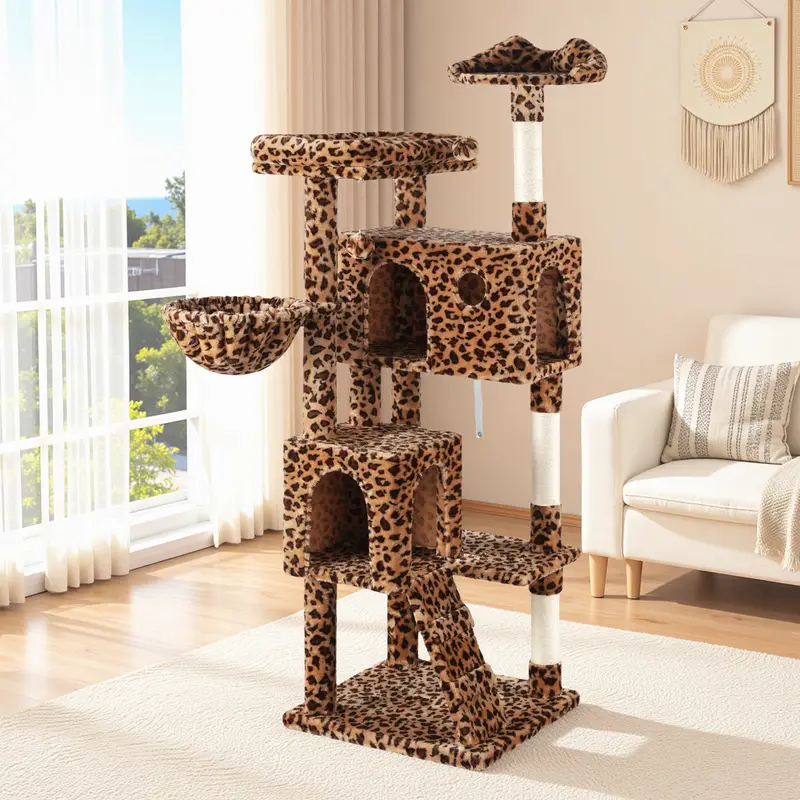 64-Inch Large Cat Tree – Multi-Level Cat Tower with Durable Activity Center for Indoor Cats,Beige/Dark Grey/Grey/Pink/Leopard Print & Spot Patterns
