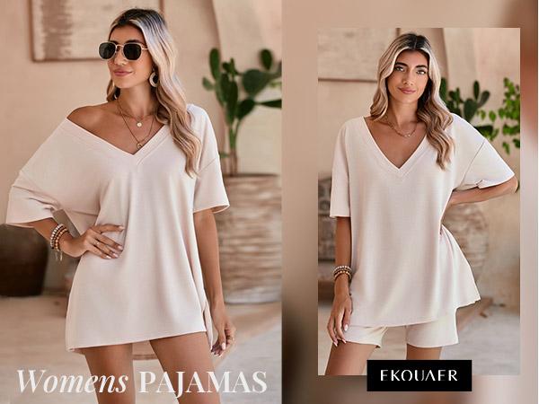 EKOUAER V-neck Two-Piece Pajama Set For Women Summer Casual Oversized Split Hem Shirts & Biker Shorts Minimalist Lounge Wear Soft Homewear Cozy Pjs Clothes Comfy