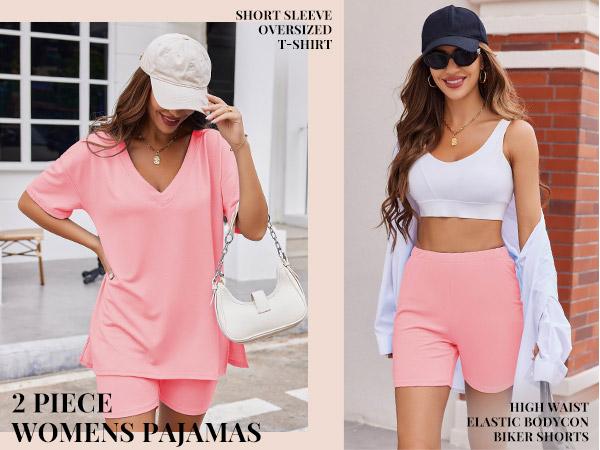 EKOUAER V-neck Two-Piece Pajama Set For Women Summer Casual Oversized Split Hem Shirts & Biker Shorts Minimalist Lounge Wear Soft Homewear Cozy Pjs Clothes Comfy
