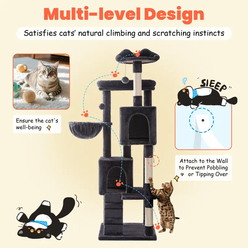 64-Inch Large Cat Tree – Multi-Level Cat Tower with Durable Activity Center for Indoor Cats,Beige/Dark Grey/Grey/Pink/Leopard Print & Spot Patterns