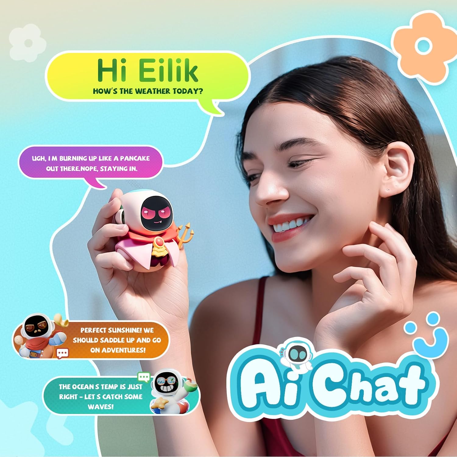 Eiliko Aquamarine – Tiny AI Charm Robot with Voice Chat, Emotional Responses, Themed Body Swap, Outfit-Matching, Perfect Companion for Couples, Best Friends & Kids