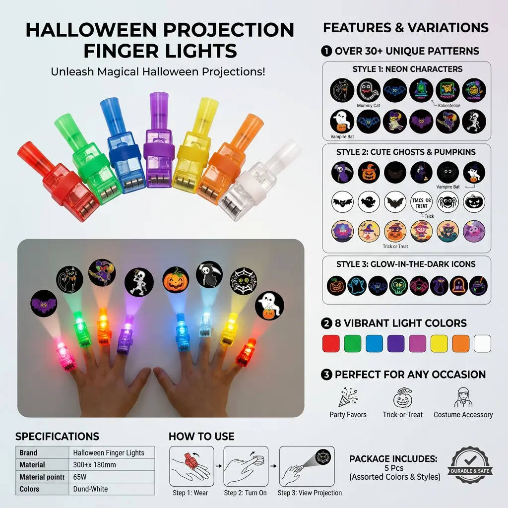 36Pcs Halloween LED Finger Lights with  Projection Patterns - Glow Finger Toys for Kids Party Favors