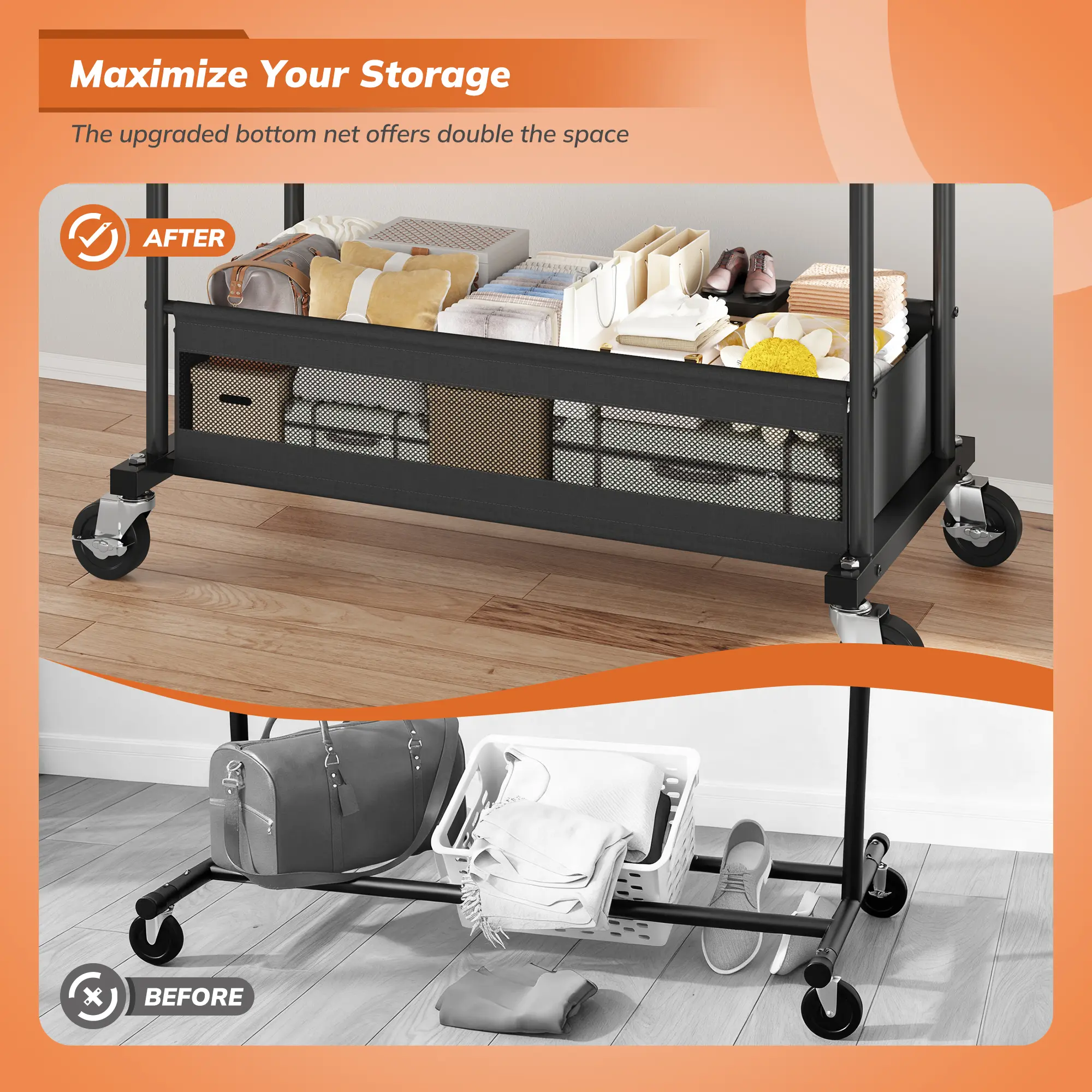 Raybee Heavy Duty Clothing Racks with Net Pocket Holds Up to 210lbs,Double Rod Metal Clothes Rack for Hanging, Rolling Garment Rack with Wheels Portable Closet Racks for Bedroom, Laundry Room,Dorm, Black, White, Gold