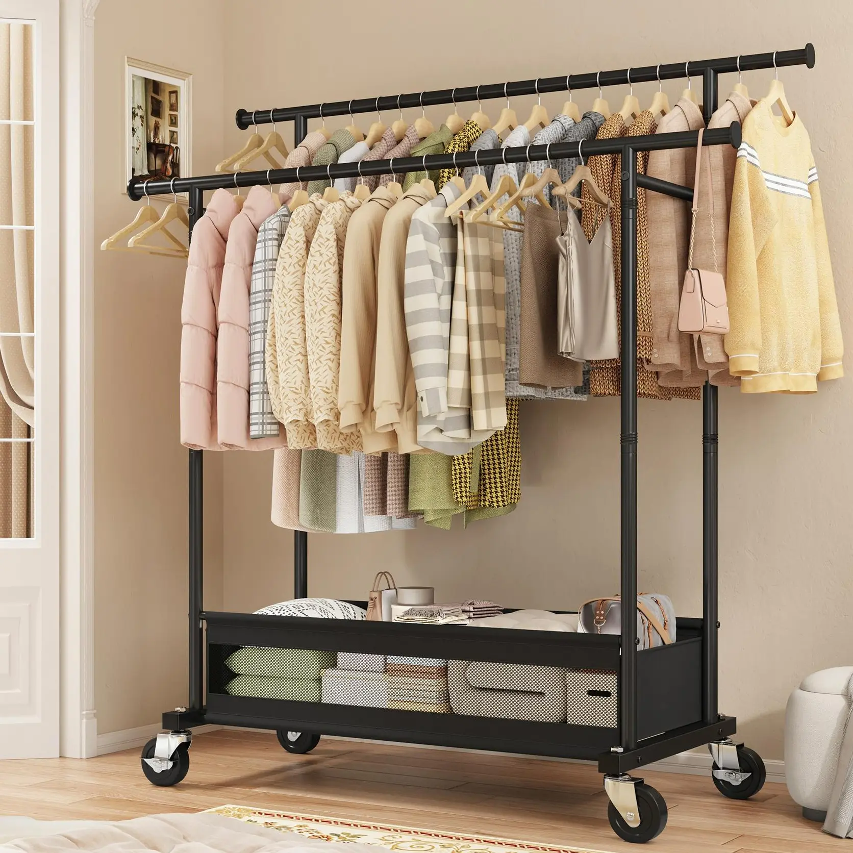 Raybee Heavy Duty Clothing Racks with Net Pocket Holds Up to 210lbs,Double Rod Metal Clothes Rack for Hanging, Rolling Garment Rack with Wheels Portable Closet Racks for Bedroom, Laundry Room,Dorm, Black, White, Gold