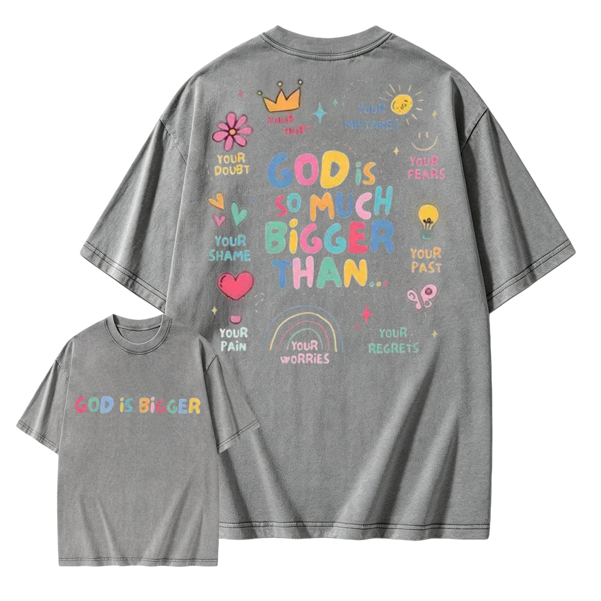 God Is Bigger Christian Graphic T Shirt Vintage Washed Heavyweight Cotton Oversized Tee Faith Based Apparel Mental Health Awareness Positive Affirmation Acid Wash Men Women Unisex