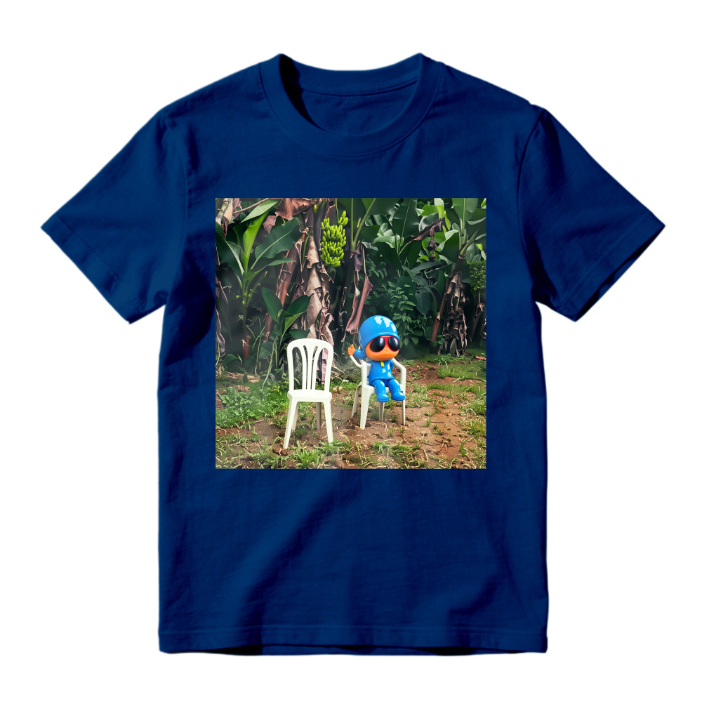 Blue Cartoon Character Sitting On White Chair In Tropical Jungle Unisex Classic T Shirt