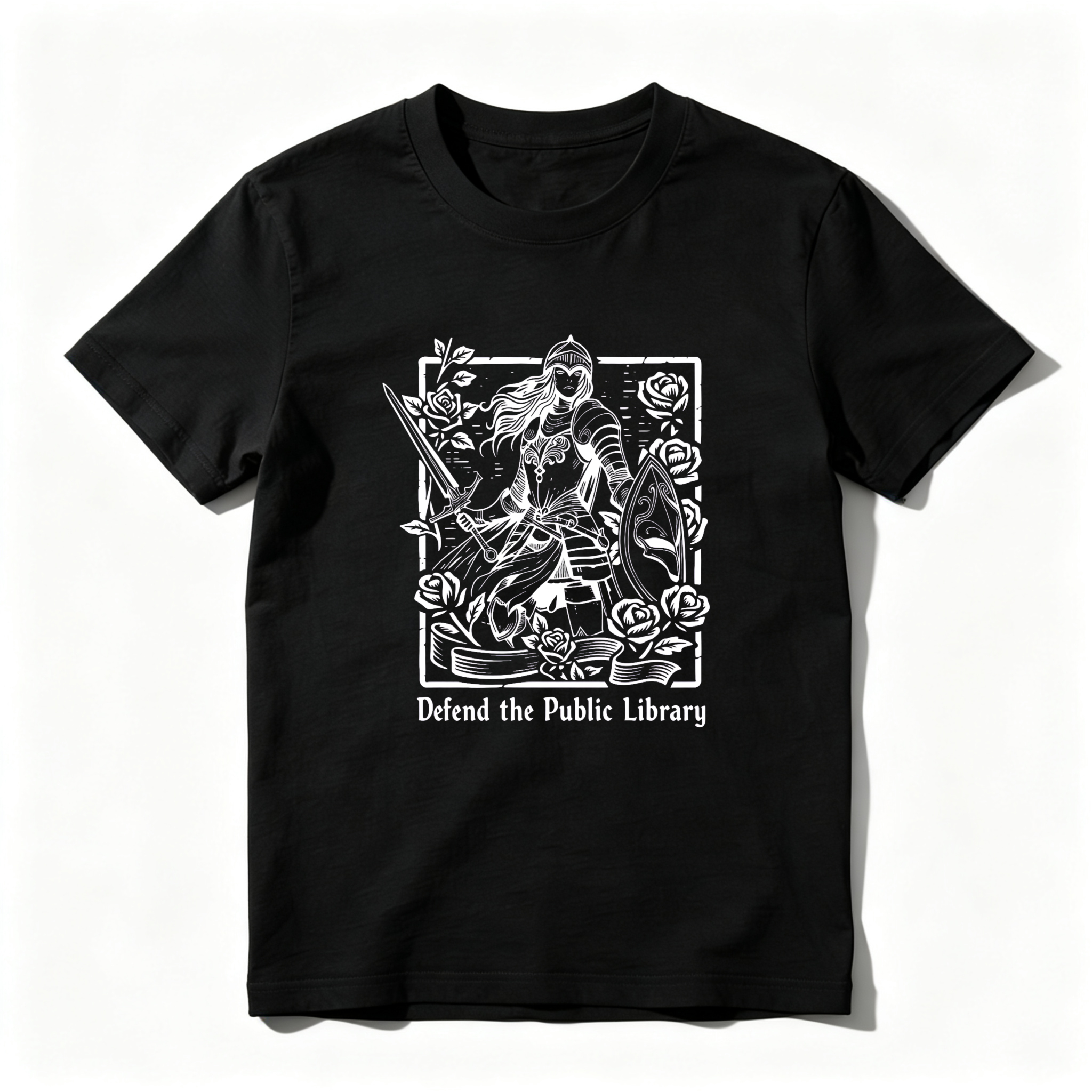 Wardrobecart Defend The Public Library Warrior With Sword And Roses tshirt