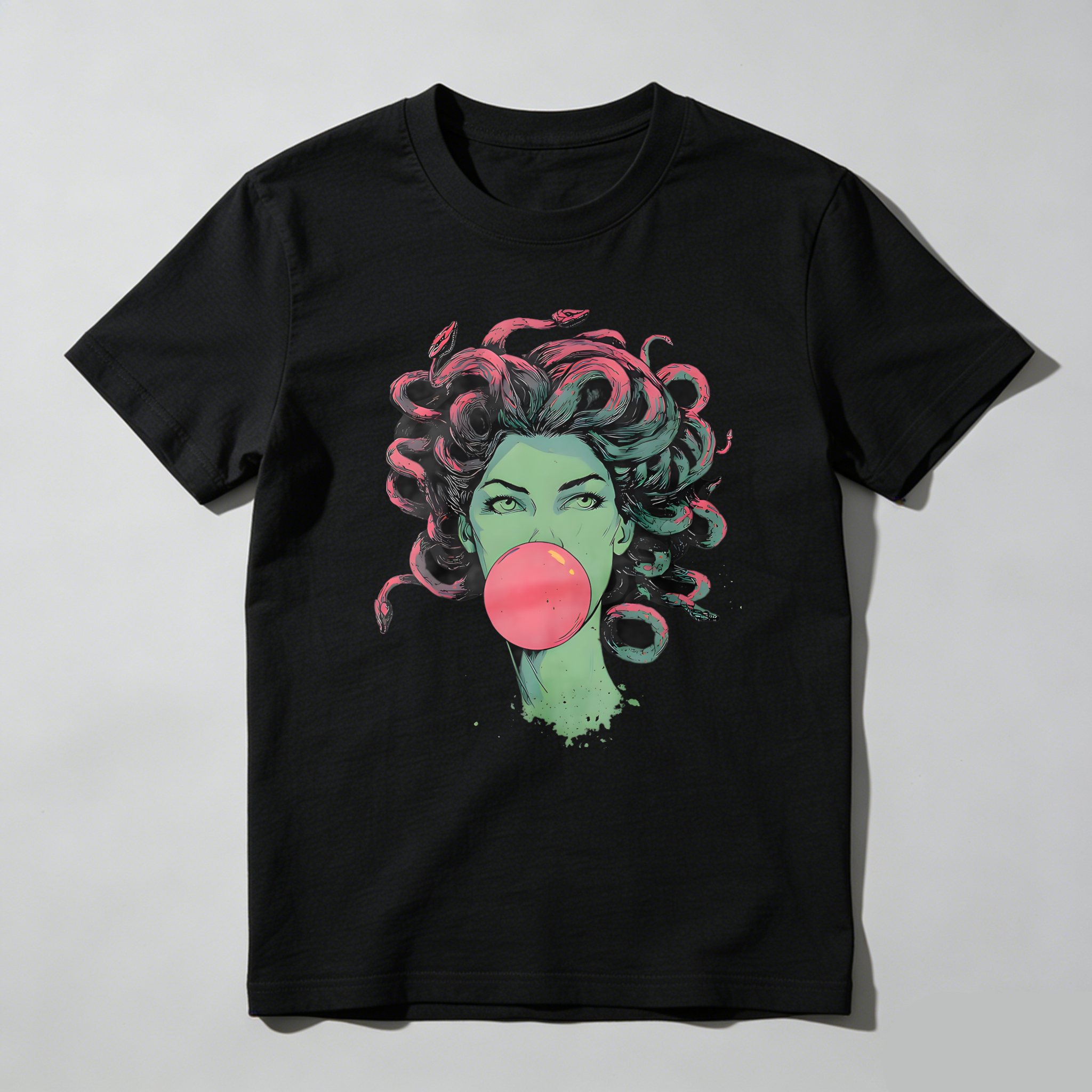 Green Woman With Pink Hair Blowing Bubblegum T-shirt