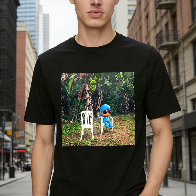 Blue Cartoon Character Sitting On White Chair In Tropical Jungle Unisex Classic T Shirt