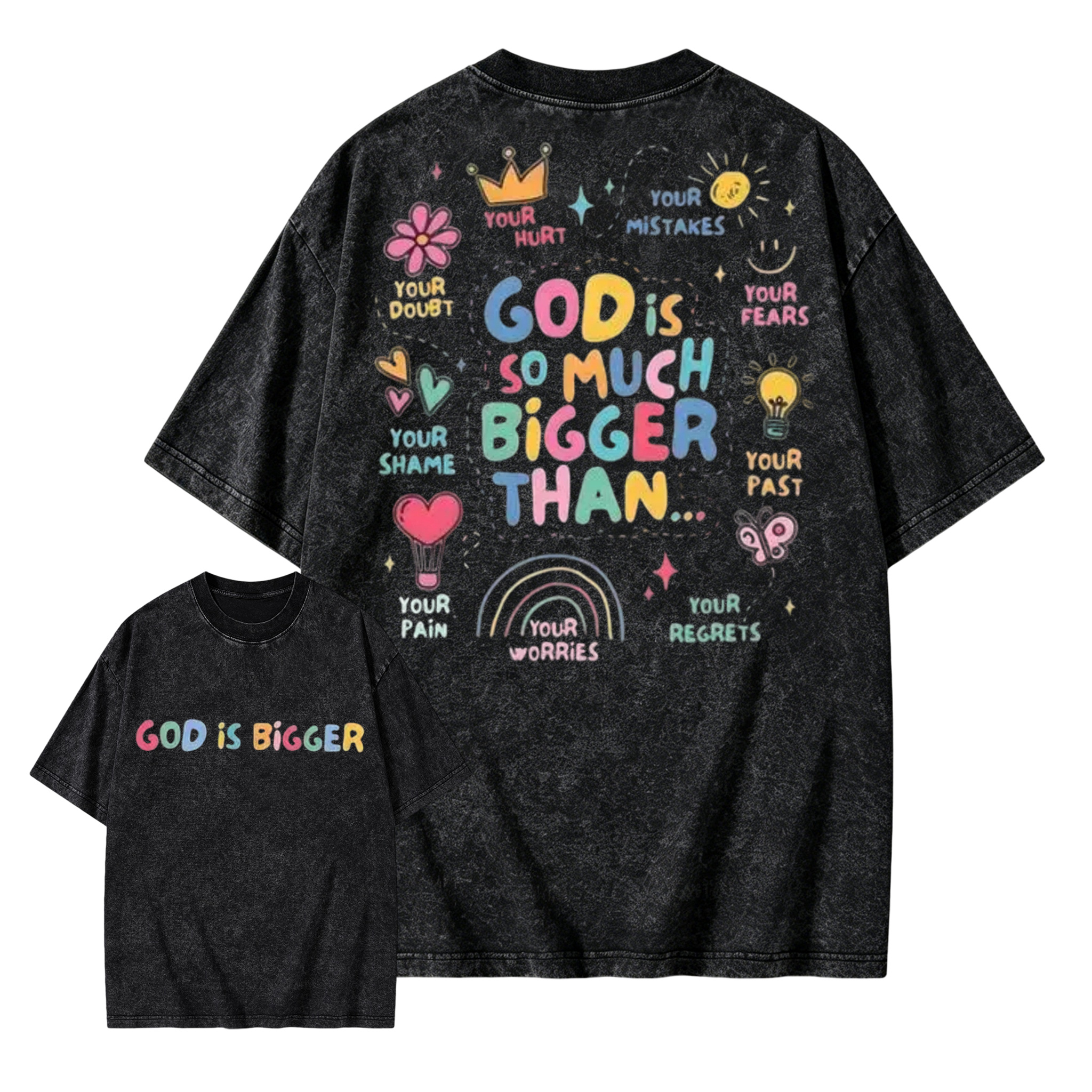 God Is Bigger Christian Graphic T Shirt Vintage Washed Heavyweight Cotton Oversized Tee Faith Based Apparel Mental Health Awareness Positive Affirmation Acid Wash Men Women Unisex
