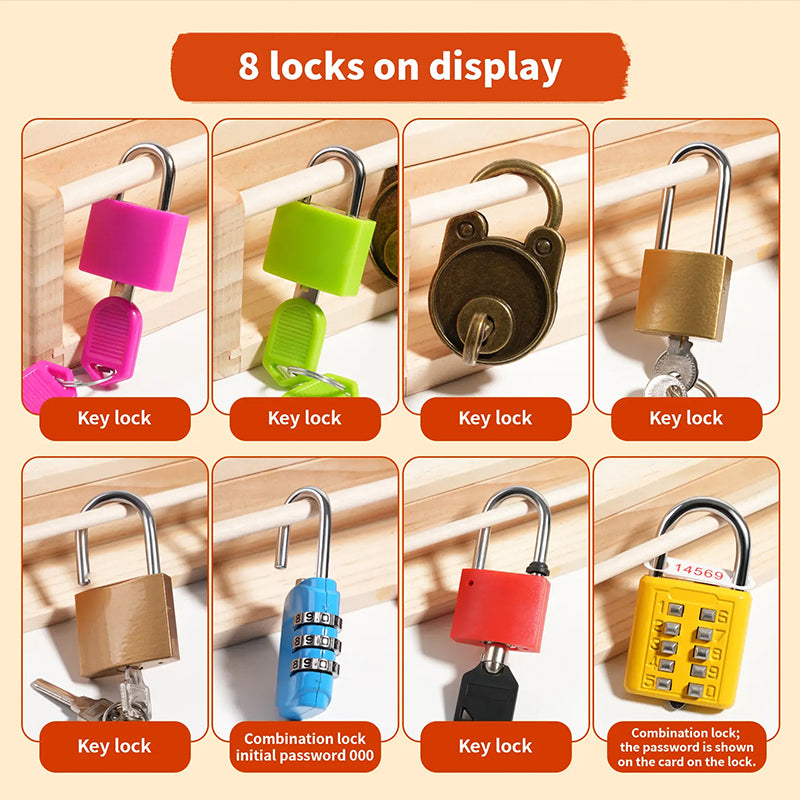 Eight different locks on Montessori activity board