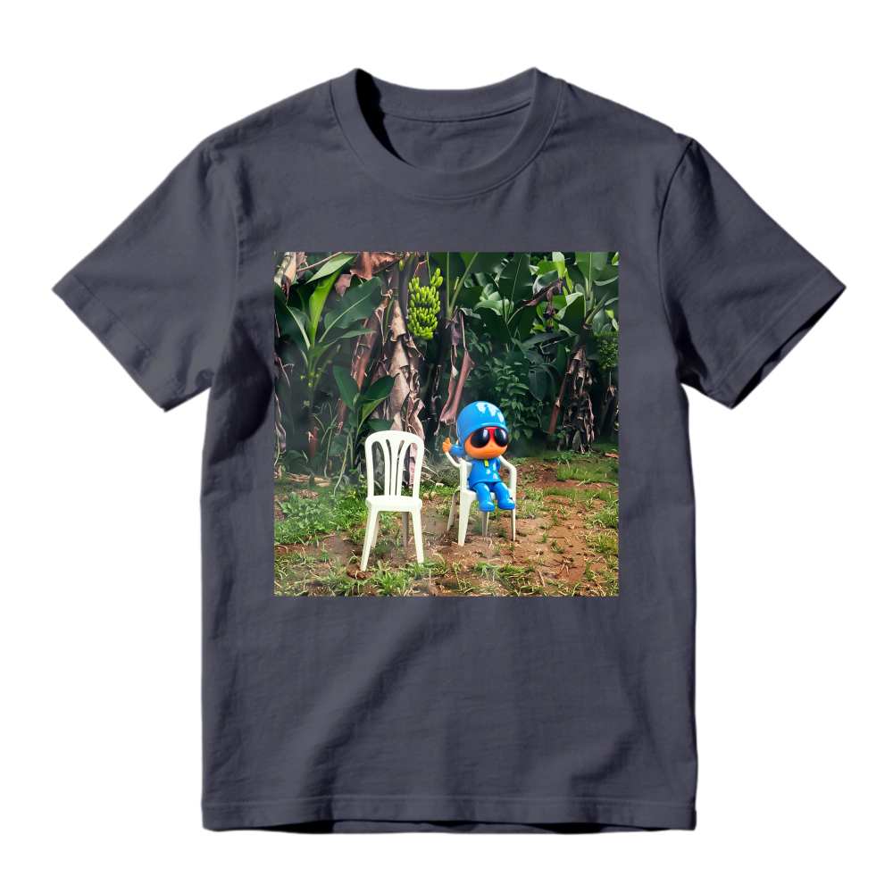 Blue Cartoon Character Sitting On White Chair In Tropical Jungle Unisex Classic T Shirt