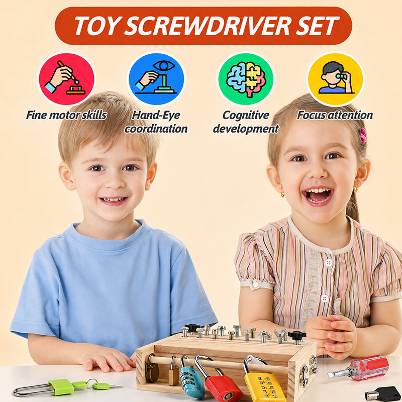 Children using Montessori screwdriver activity board