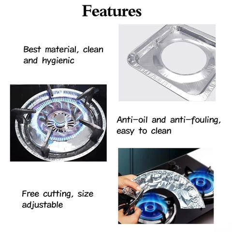 Aluminum foil gas stove liner shown with cooking burner details