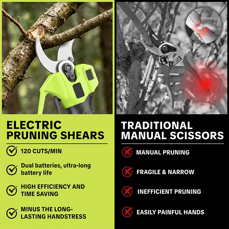 Cordless electric pruning shears compared with traditional manual pruning scissors