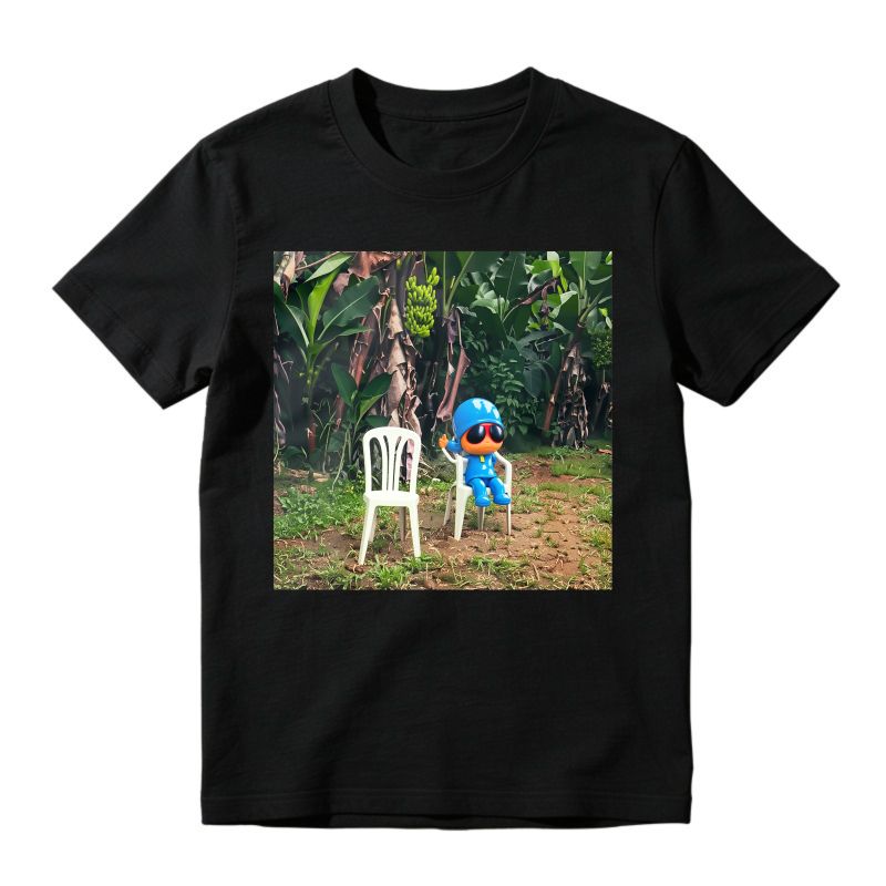 Blue Cartoon Character Sitting On White Chair In Tropical Jungle Unisex Classic T Shirt