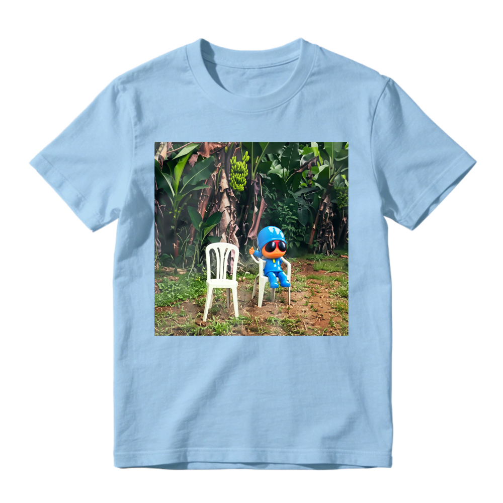 Blue Cartoon Character Sitting On White Chair In Tropical Jungle Unisex Classic T Shirt