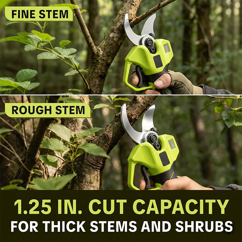 Electric pruning shears trimming fine stems and thicker woody branches