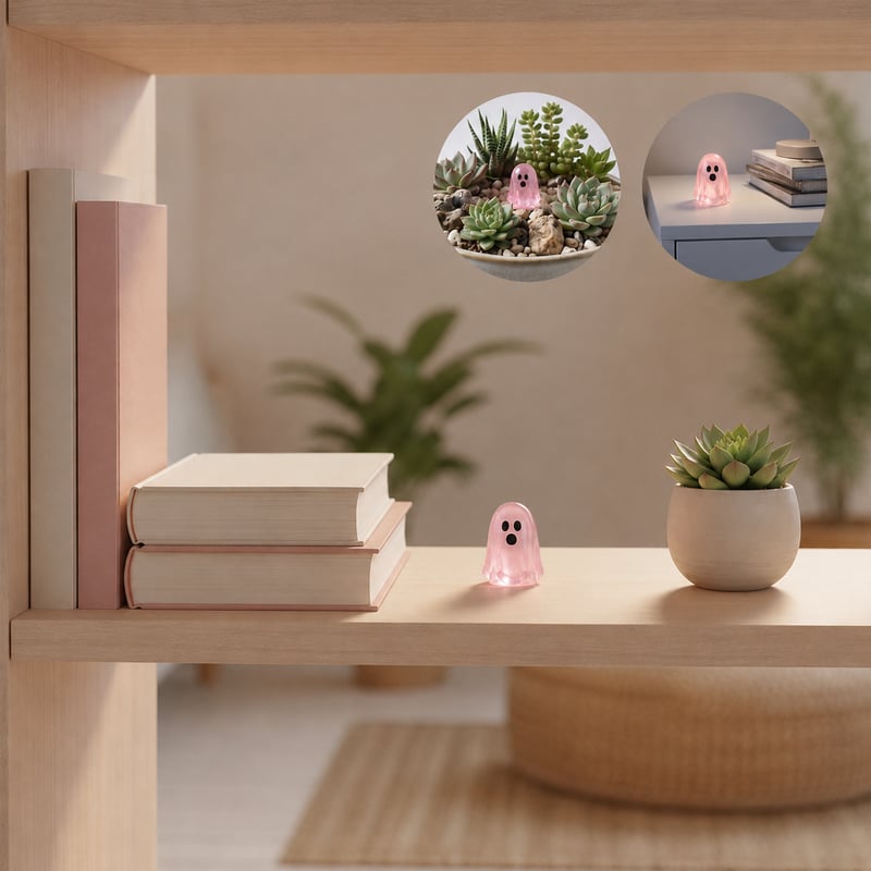 Pink ghost figurine displayed on a shelf