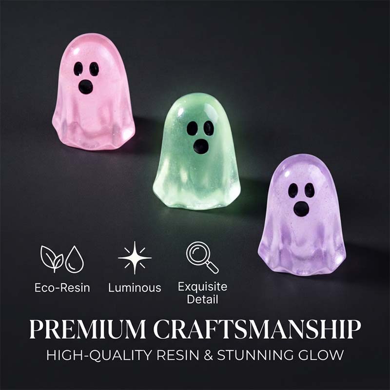 Glow in the dark ghost figurines in pink green and purple
