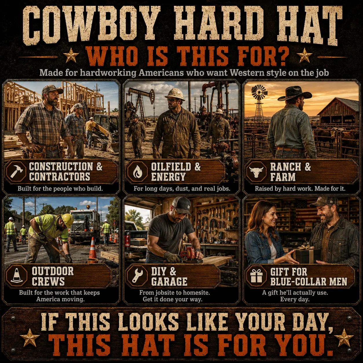 Cowboy hard hat for construction ranch farm outdoor work