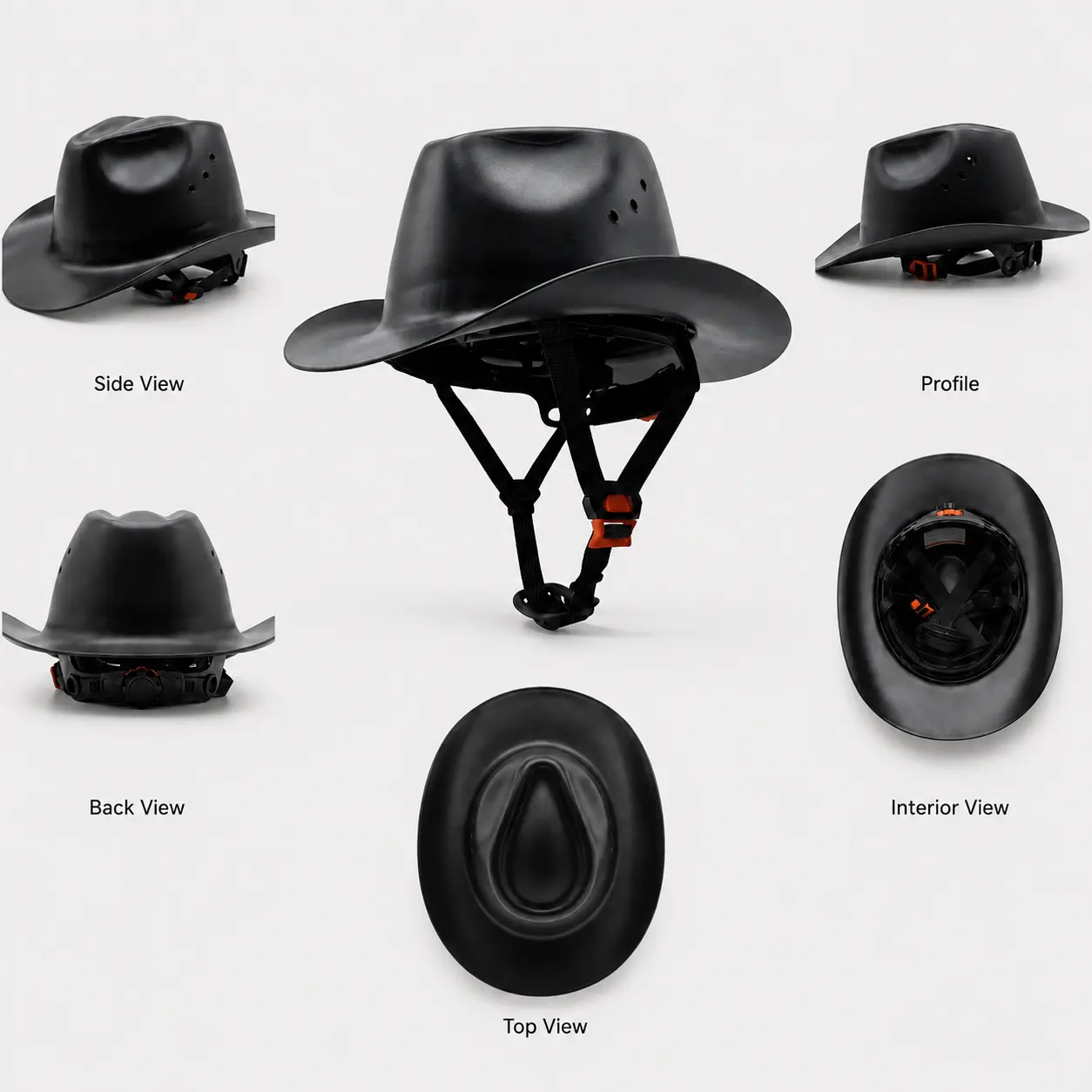 Black cowboy hard hat multiple views