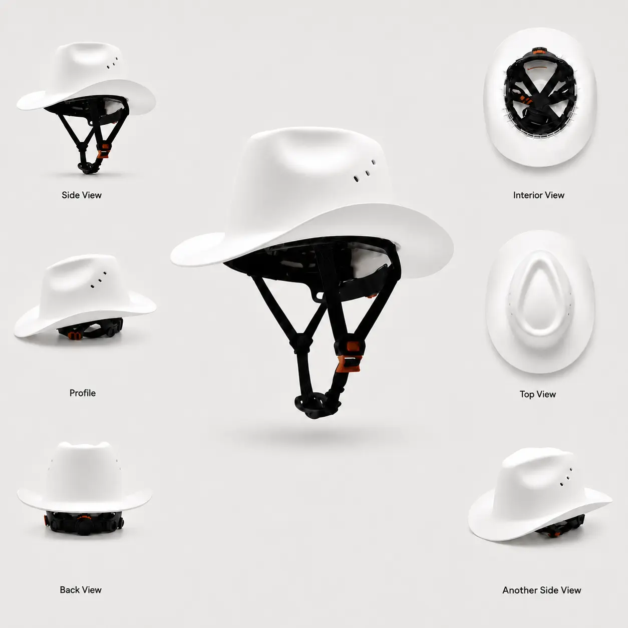 White cowboy hard hat multiple views