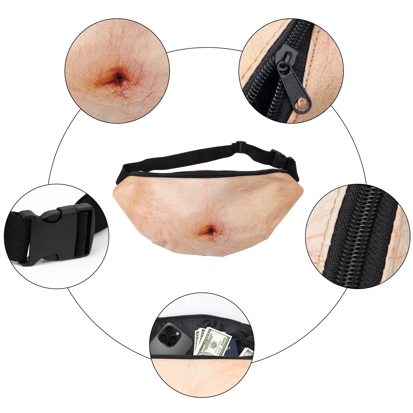 Waist pack zipper buckle and storage details