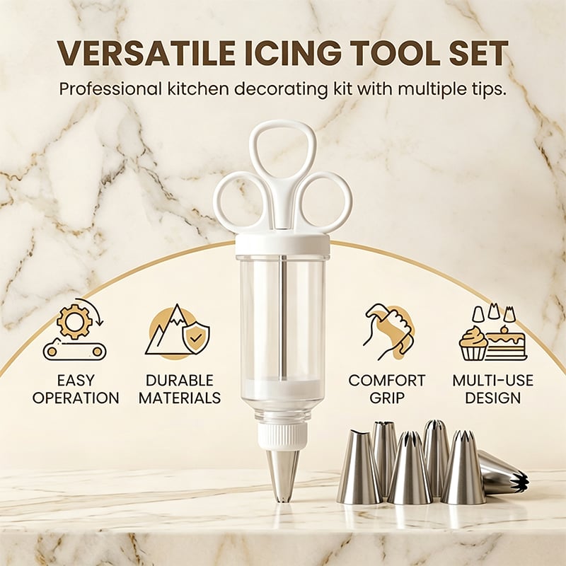 Versatile cake decorating syringe kit with multiple tips