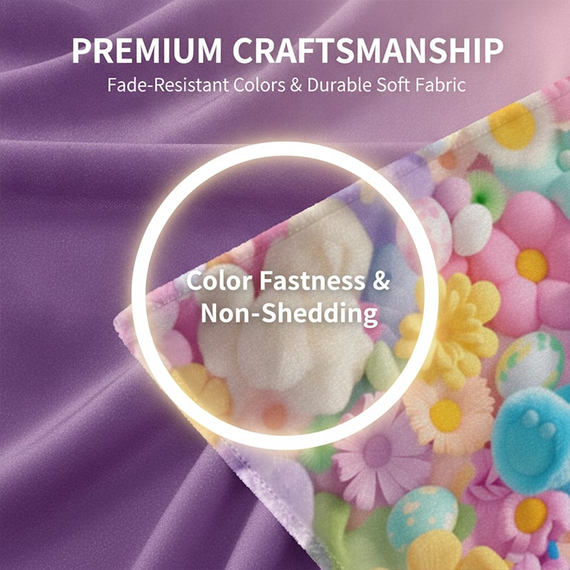 Close-up of colorful plush blanket fabric and printed details