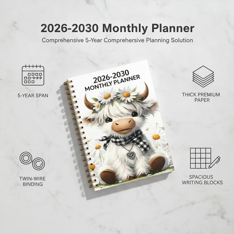 2026-2030 planner showing five year span twin wire binding and writing blocks