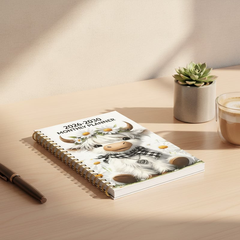 2026-2030 monthly planner with cute Highland cow floral cover