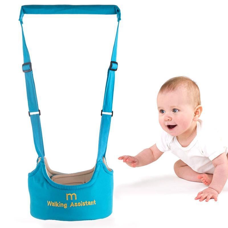 Blue baby walking assistant harness with toddler