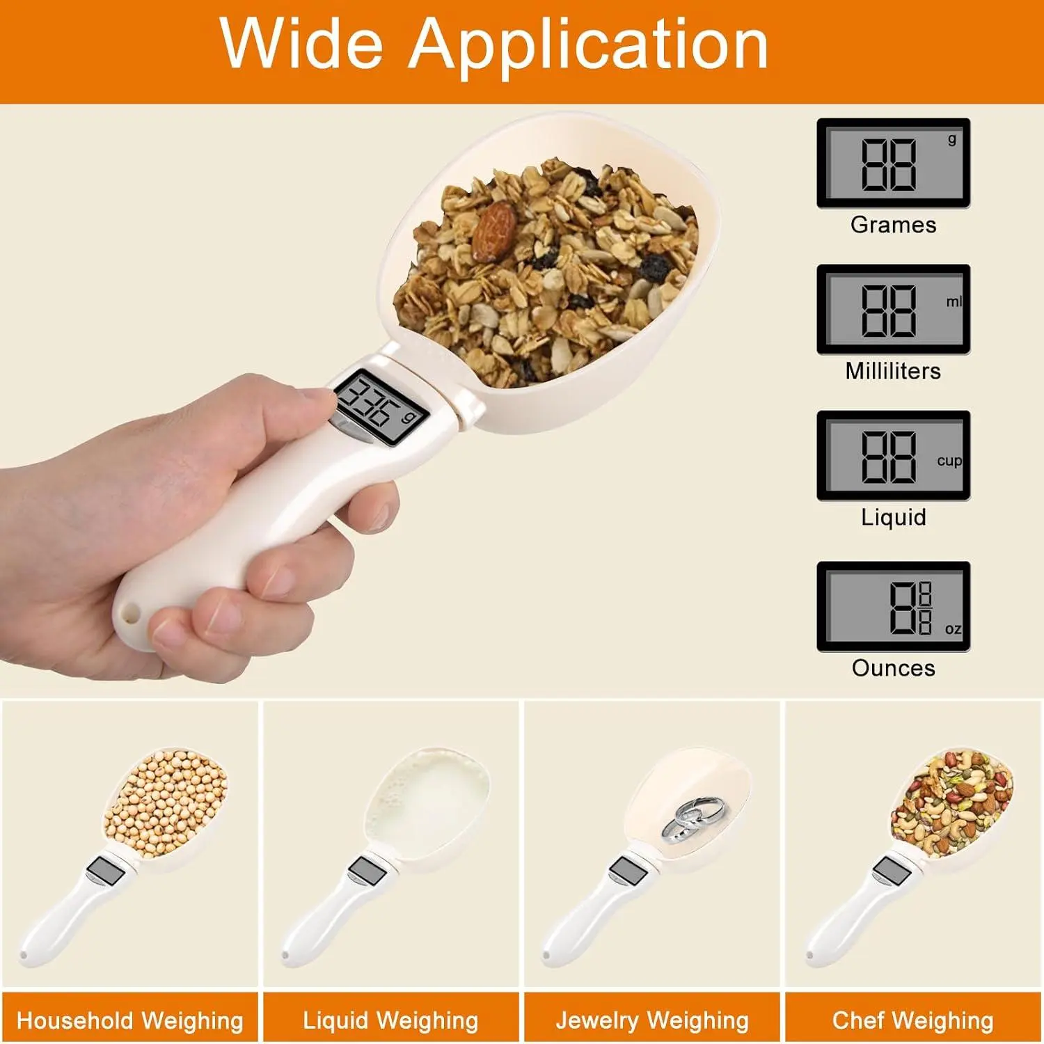 Digital measuring scoop for multiple applications