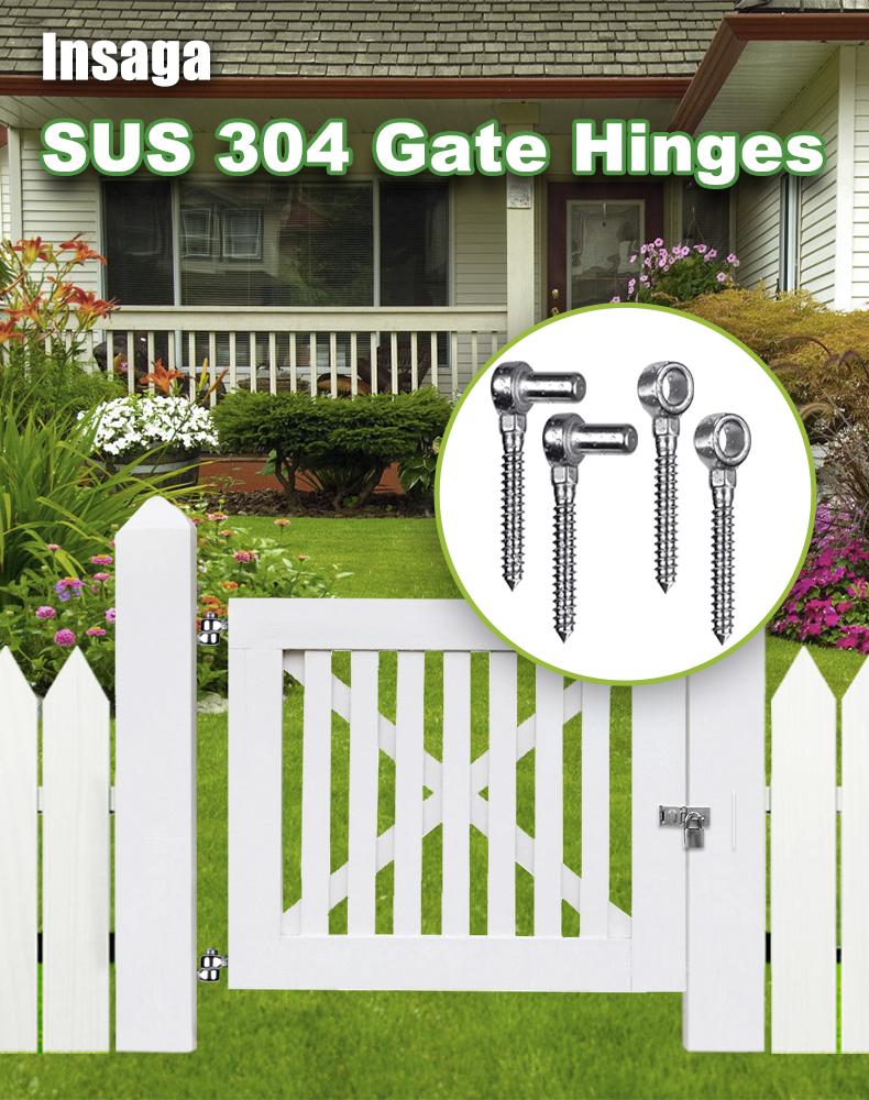Stainless steel gate mounting hardware on fence gate