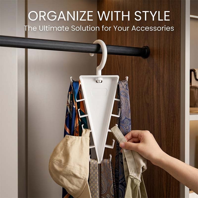 V-shaped accessory hanger holding scarves and bags