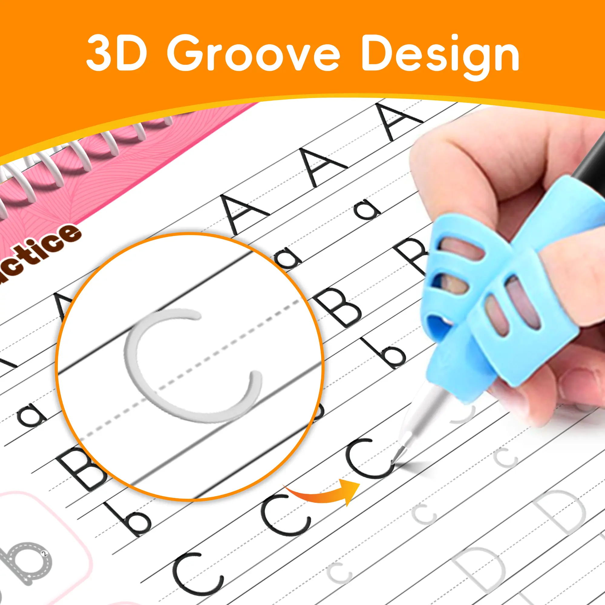 Close view of recessed grooved handwriting tracing path